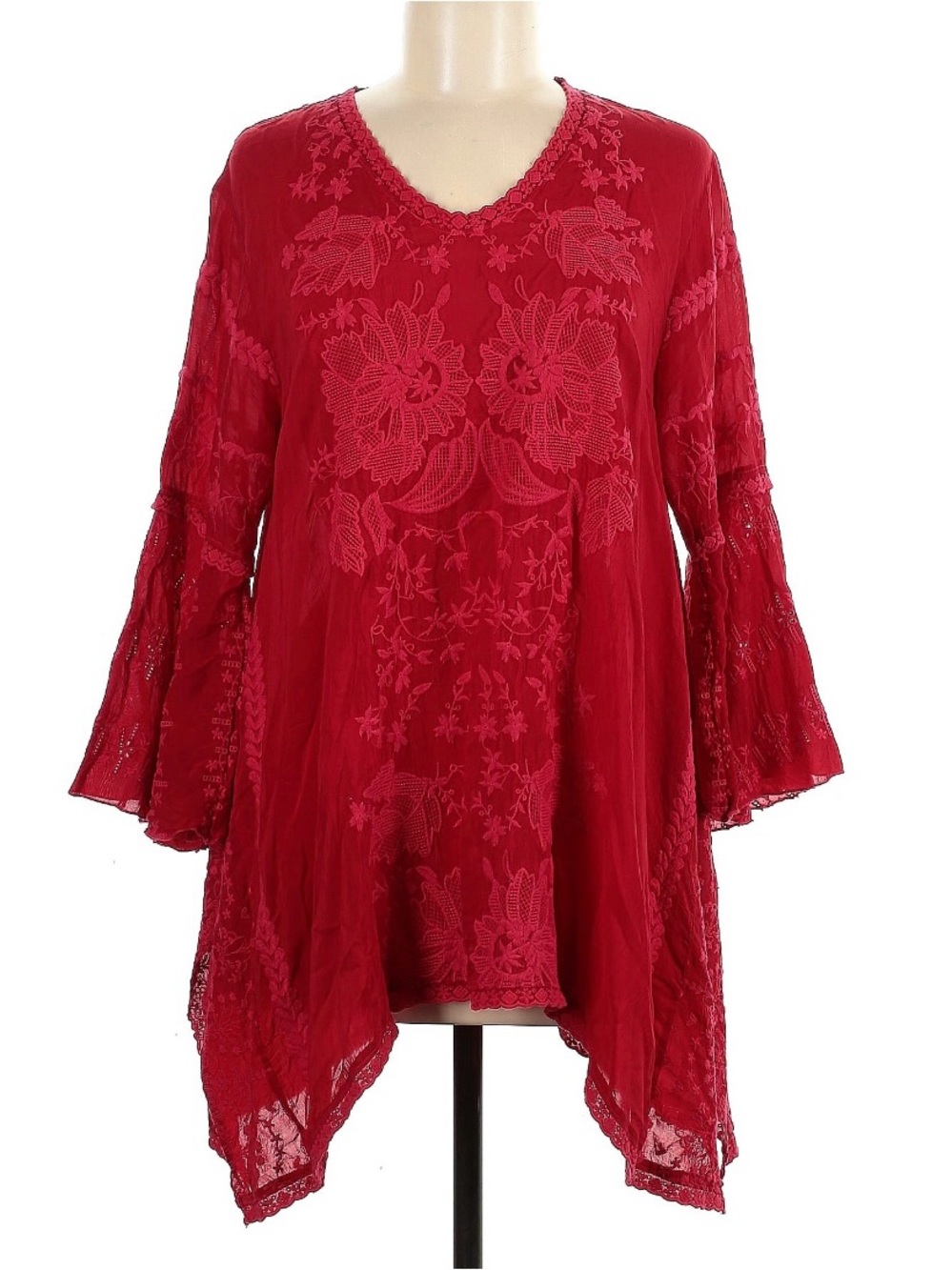 Johnny Was top tunic red embroidery - long bell sleeves - asymmetrical hem- M